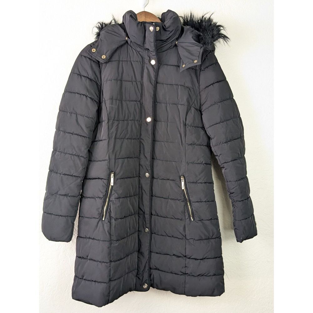 Tommy Hilfiger Womens Puffer Coat Sz M Black Winter Parka Winter Jacket Fur Trim